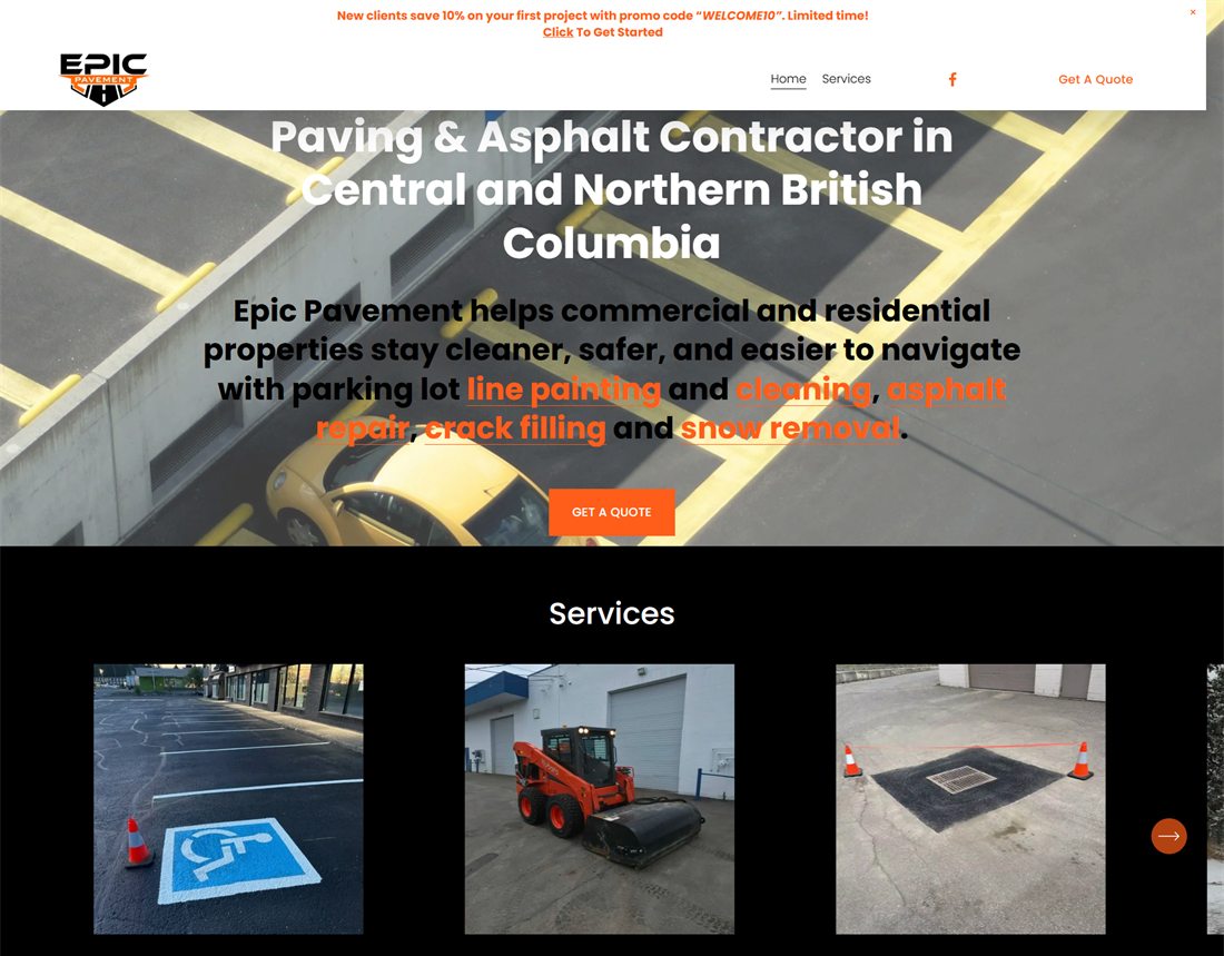 After, May 2026: the rebuilt Epic Pavement website, with a page for every service and every town
