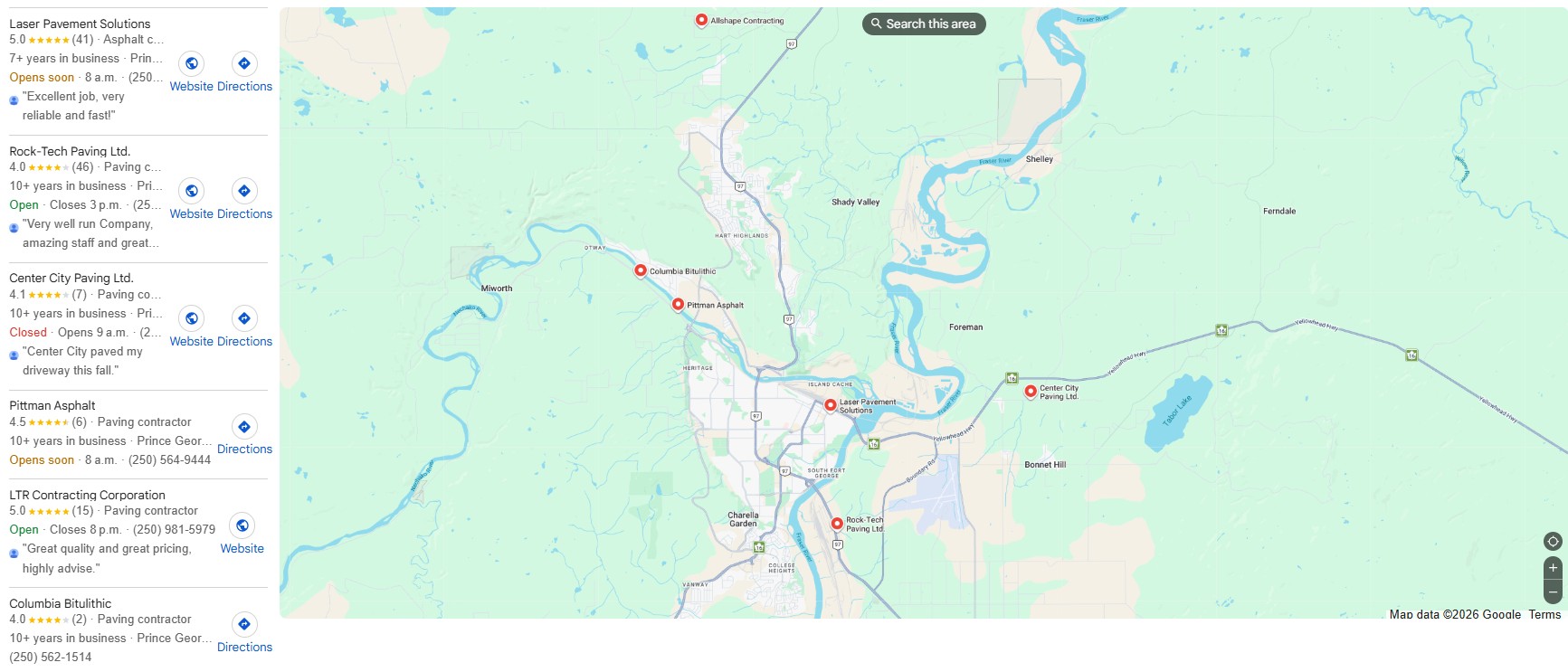 Google map results for paving in Prince George before the work: Laser Pavement, Rock-Tech, Center City and Pittman listed, Epic Pavement absent